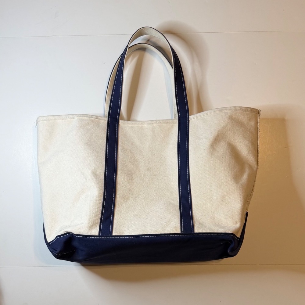 LL Bean Boat and Tote Bag Large Canvas Navy Cream USA Made Open Top Shopper
